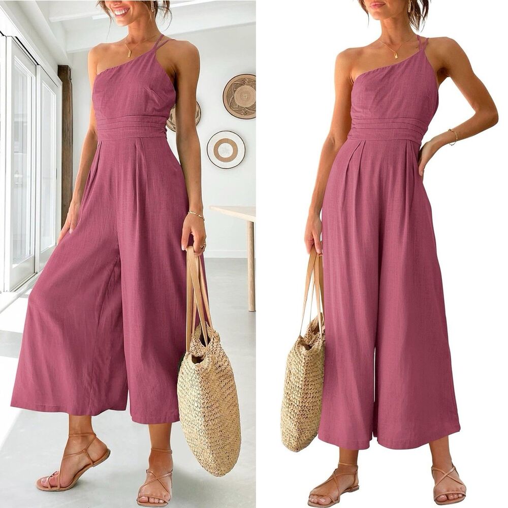 Jumpsuit Tan Large Summer One Shoulder Rose High Waist Casual Wide Leg ANRABESS